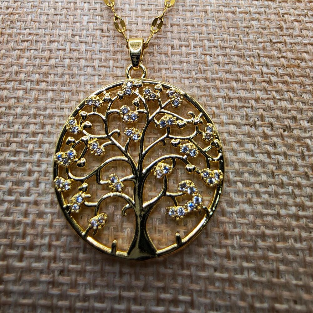 18K Gold Plated Tree of Life Pendant Necklace CZ Crystal Family Tree Jewelry